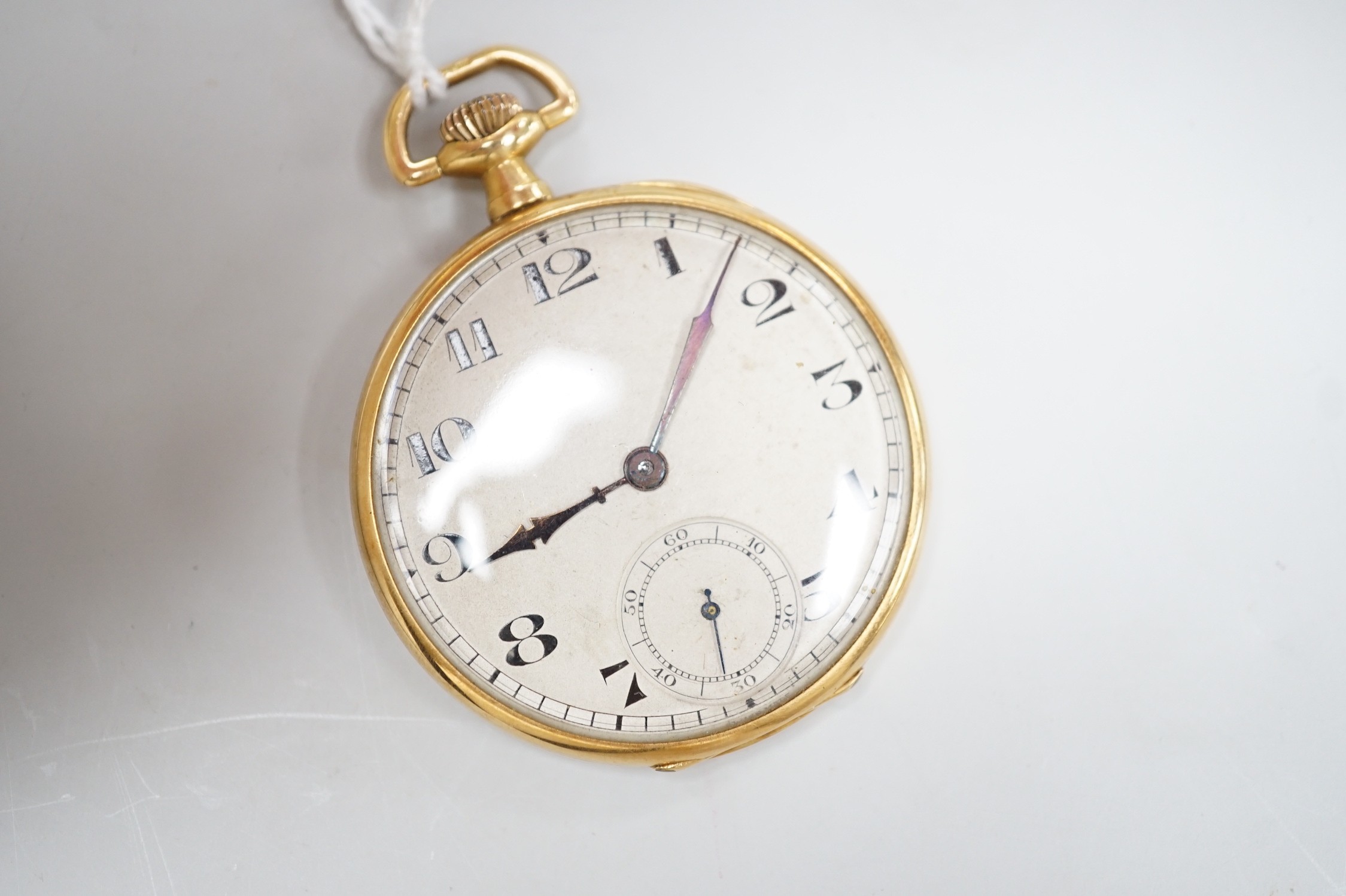 A continental 1920's 18ct gold open faced keyless dress pocket watch, 40mm, gross weight 36.5 grams.